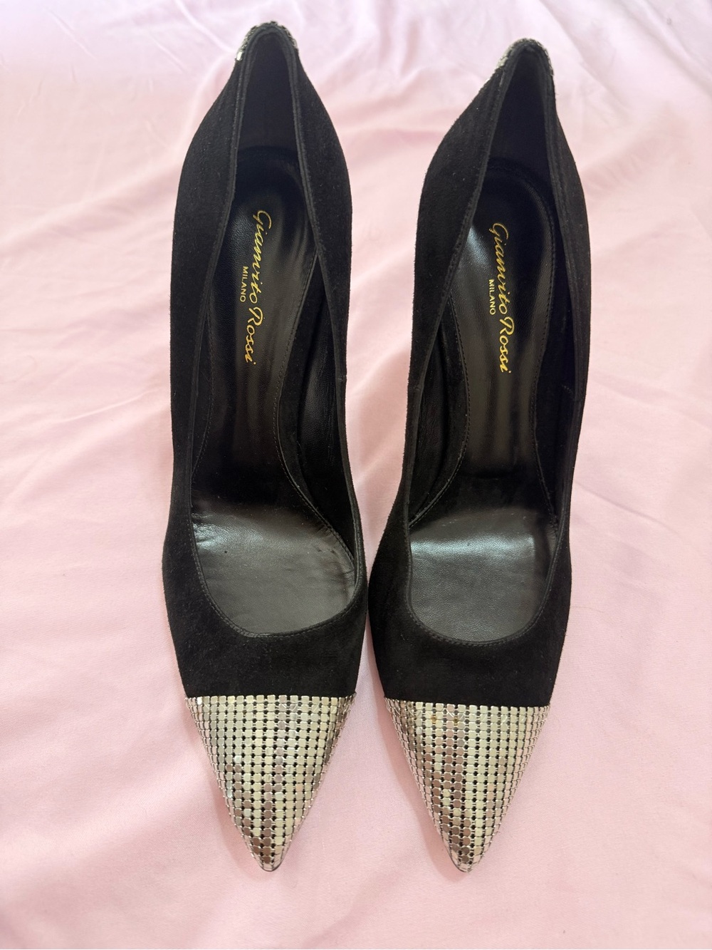 Gianvito Rossi Black Suede Pumps with Silver Rhinestone Toe
